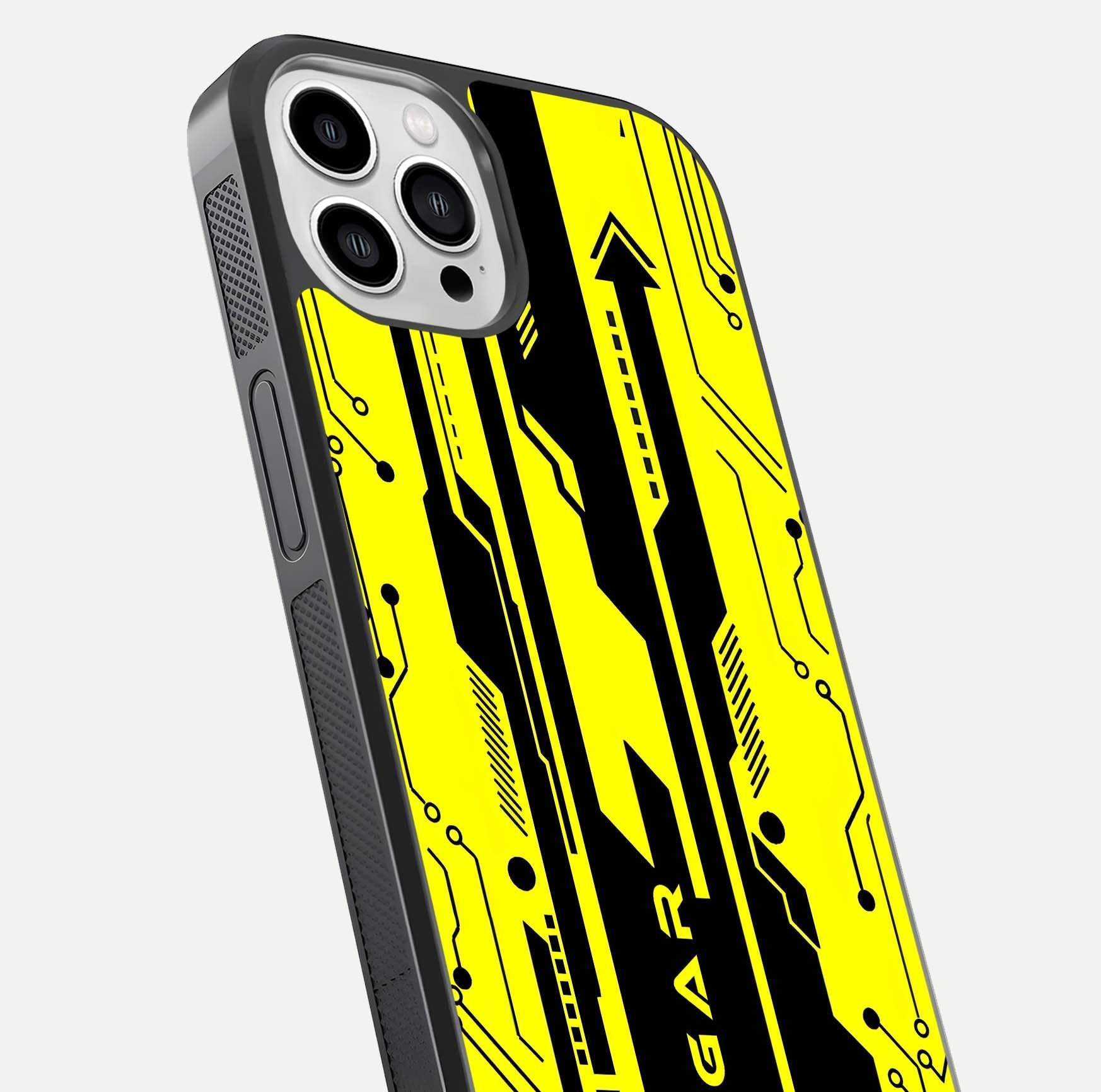Electric Pulse CYBERPUNK Custom Name Glass Case for iPhone 13 Pro Max close-up highlighting tech pattern, lighting effect, and reflection shine