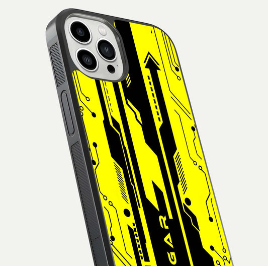 Electric Pulse CYBERPUNK Custom Name Glass Case for iPhone 13 Pro Max close-up highlighting tech pattern, lighting effect, and reflection shine