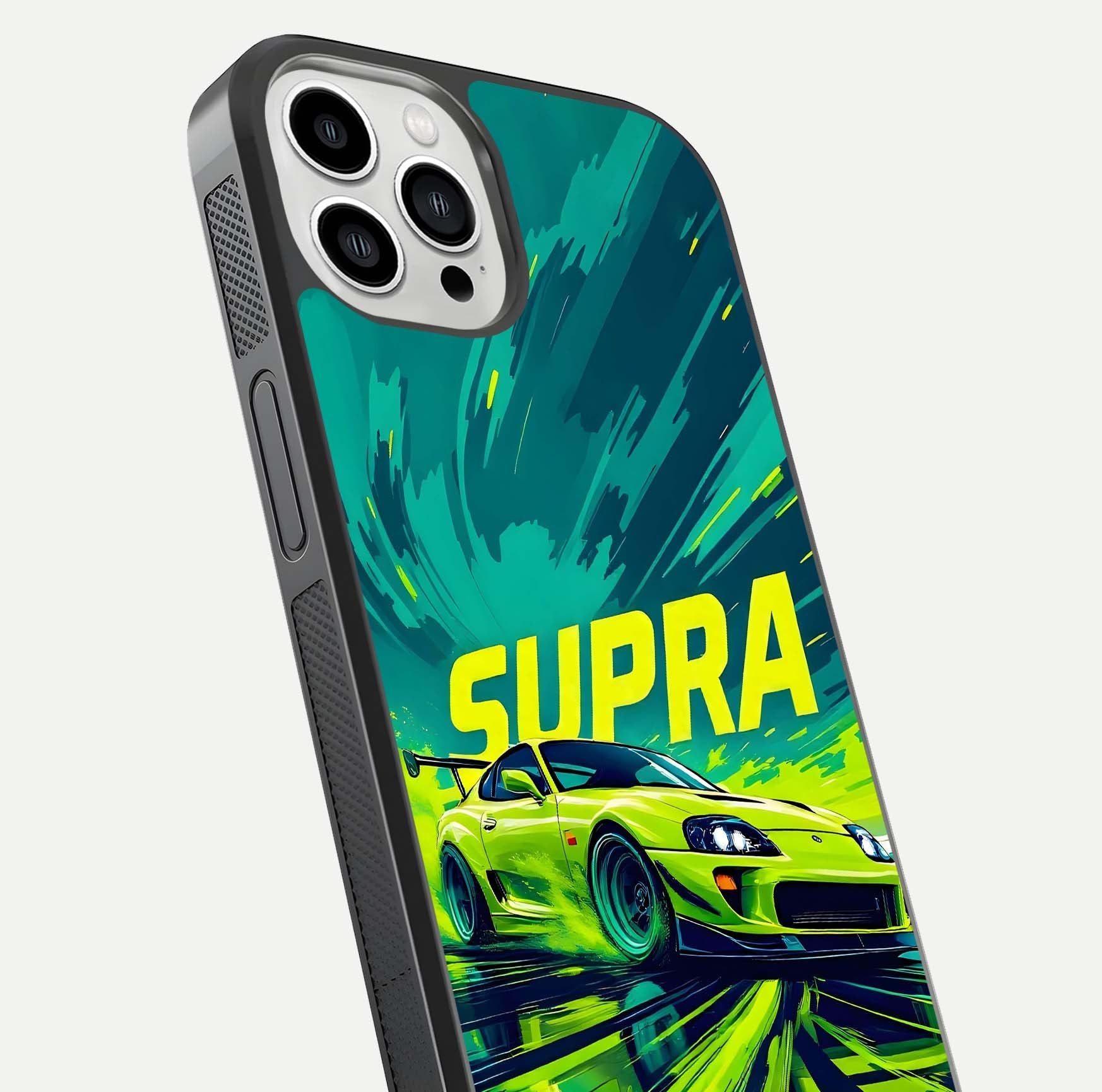 Electric Supra Thunder Glass Case for iPhone 13 Pro Max close-up highlighting car reflection, neon tones, and gloss polish