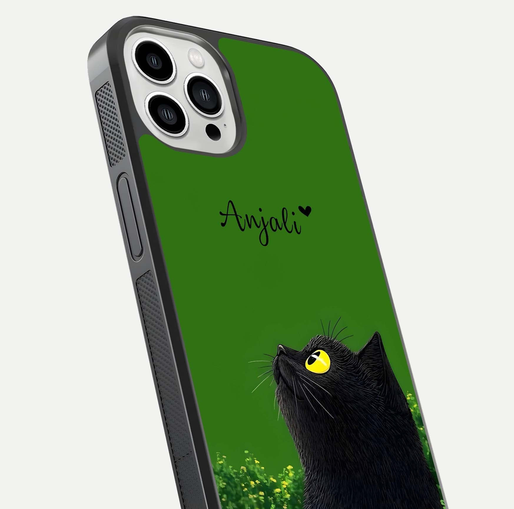 Emerald Cat Custom Name Glass Case for iPhone 13 Pro Max close-up highlighting feline detail, emerald hues, and reflection polish
