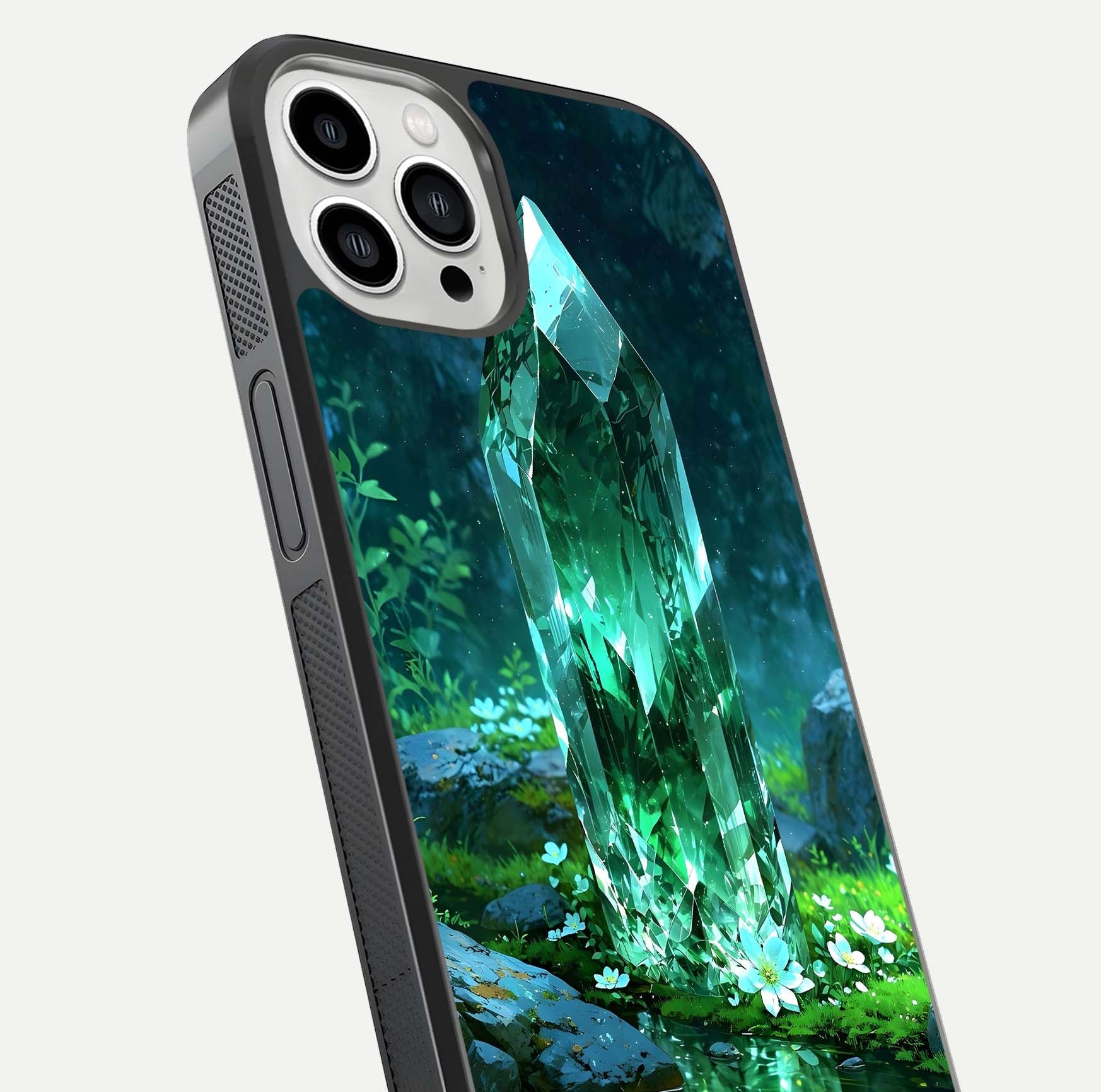 Emerald Light Crystal Glass Case for iPhone 13 Pro Max close-up highlighting crystal texture and reflection glow