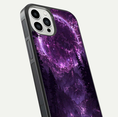 Eternal Cosmic Drive Glass Case for iPhone 13 Pro Max close-up highlighting cosmic lights and reflection depth