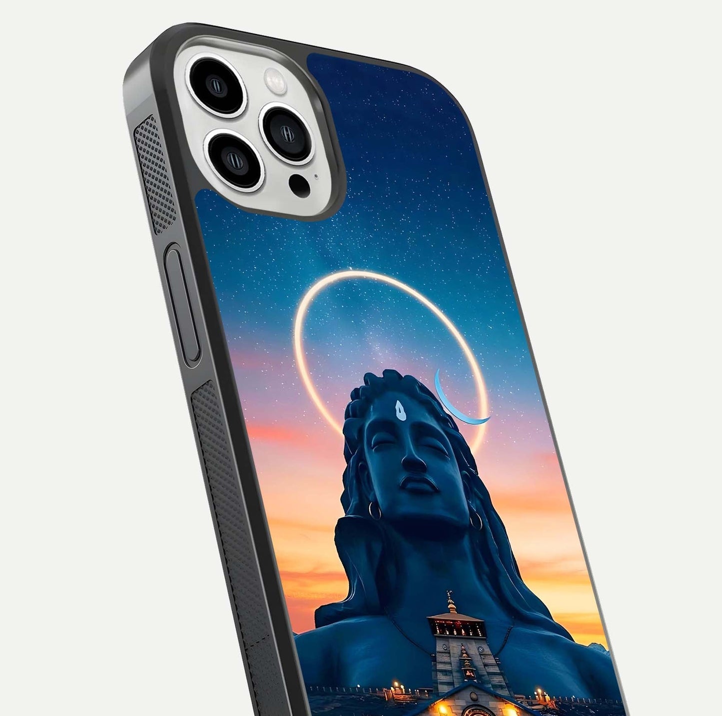 Eternal Shiva Aura Glass Case for iPhone 13 Pro Max close-up highlighting divine detailing and reflection light