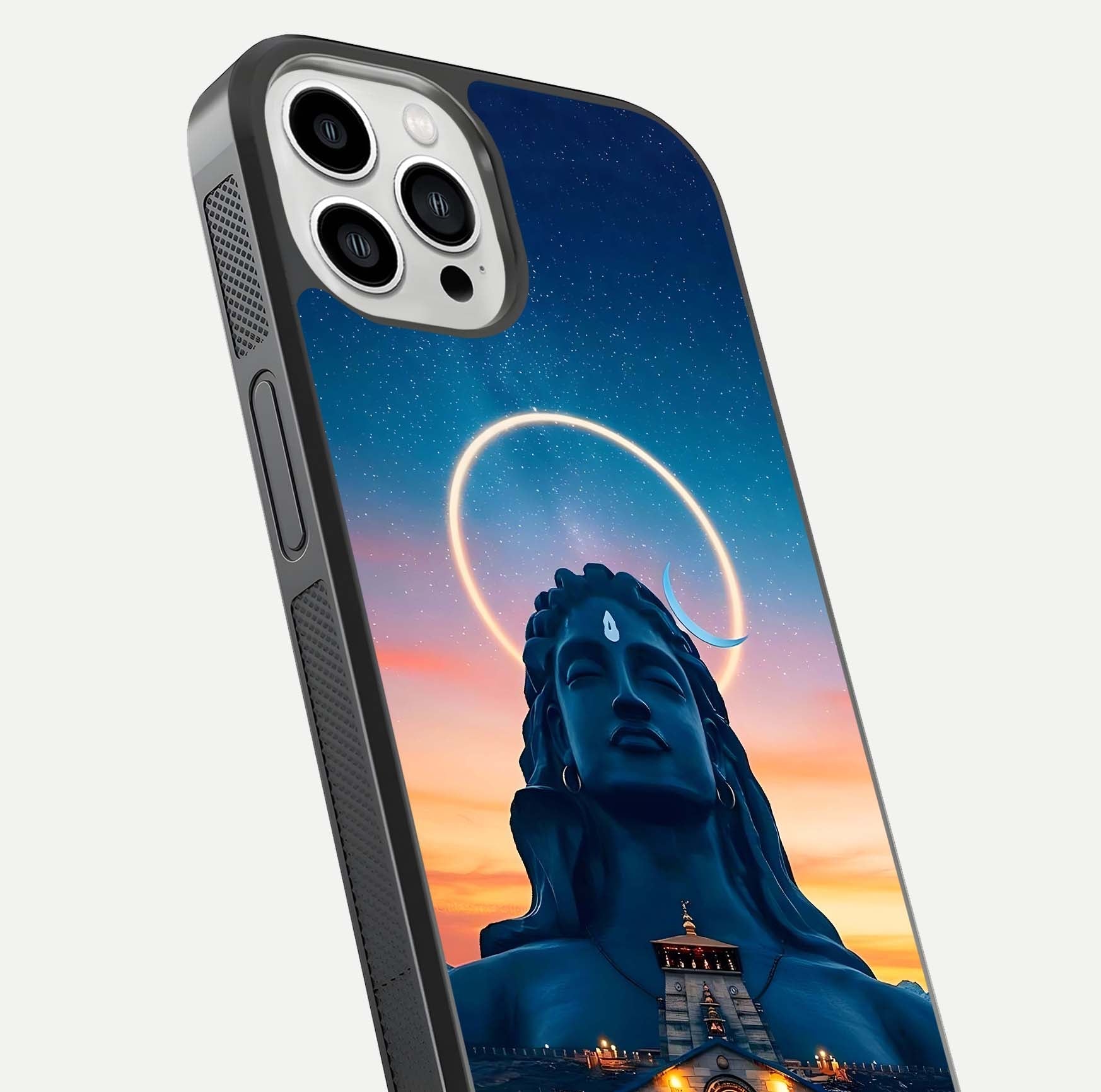 Eternal Shiva Aura Glass Case for iPhone 13 Pro Max close-up highlighting divine detailing and reflection light