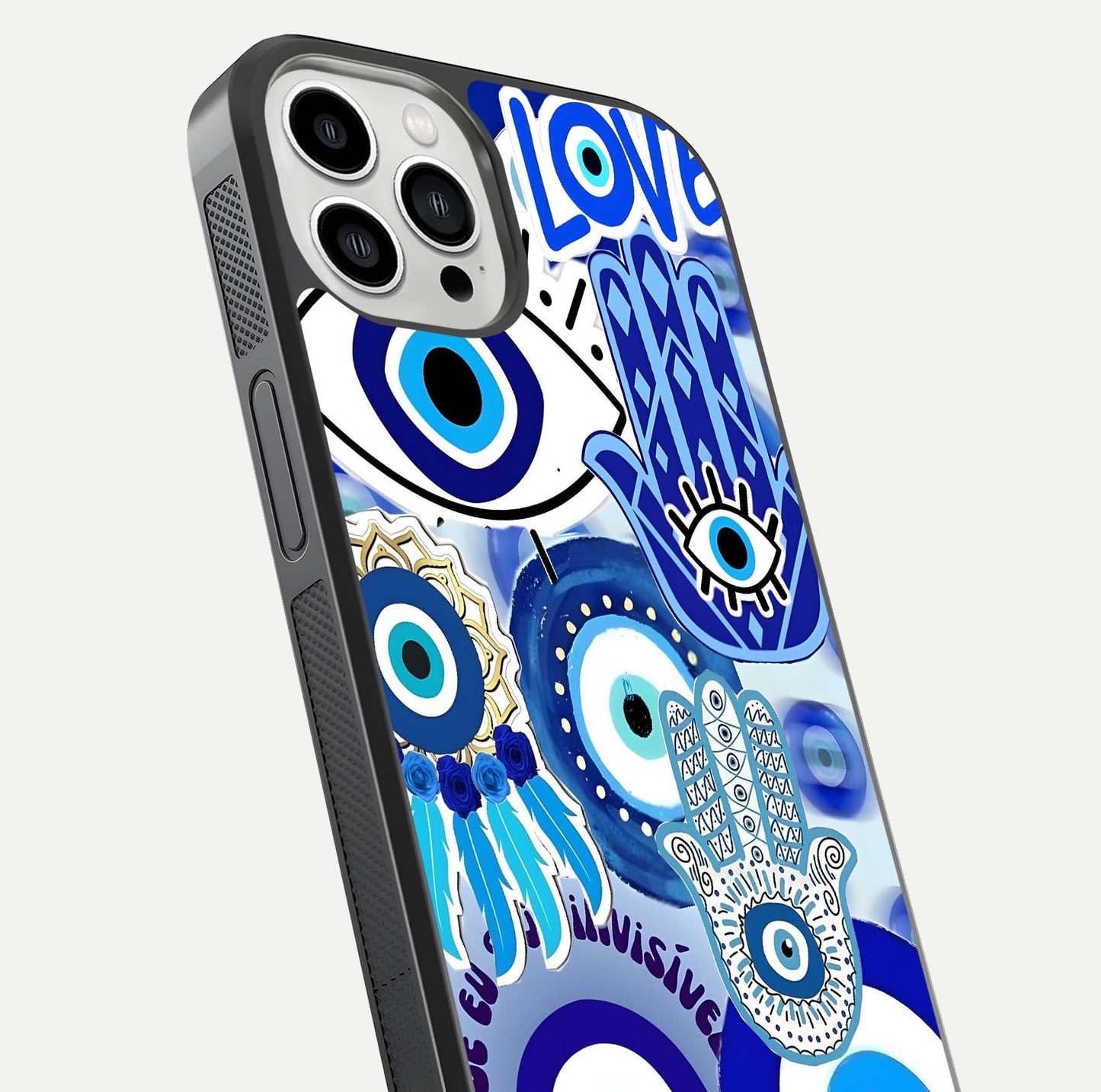 Evil Eyes Dream Glass Case for iPhone 13 Pro Max close-up highlighting evil-eye charm detail and light reflection on glass