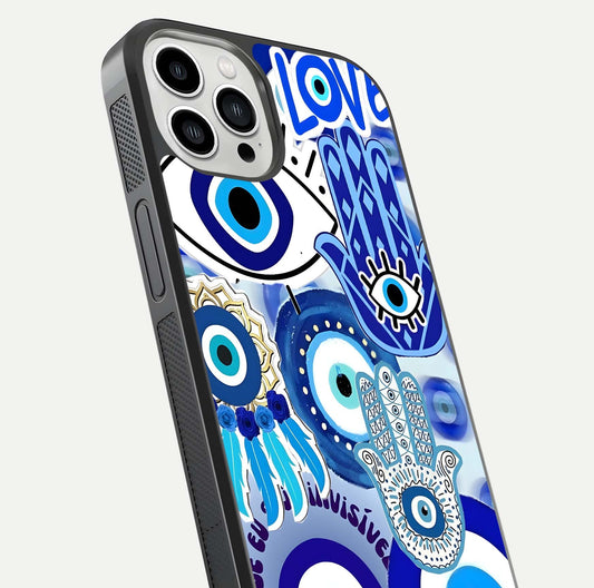 Evil Eyes Dream Glass Case for iPhone 13 Pro Max close-up highlighting evil-eye charm detail and light reflection on glass