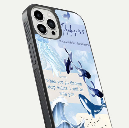 Faithful Ocean Promise Glass Case for iPhone 13 Pro Max close-up highlighting water reflection and serene blue tones