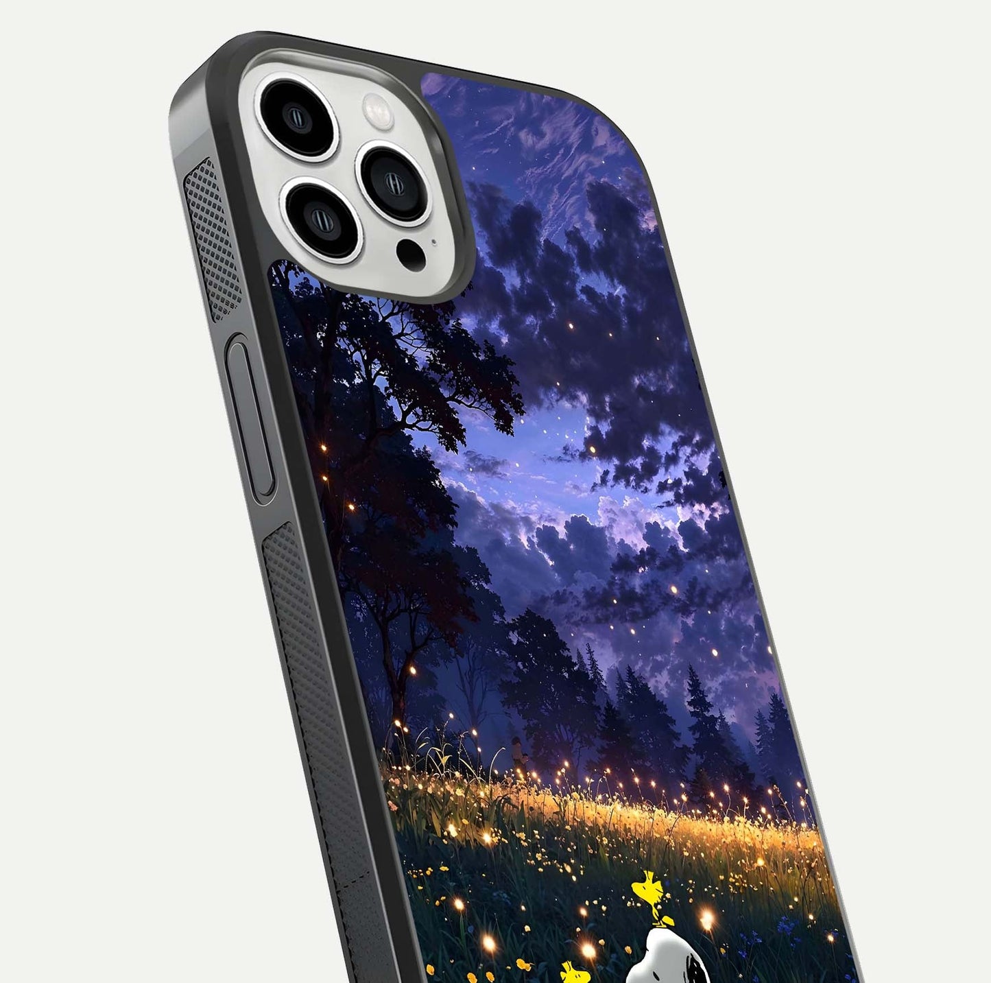 Firefly Meadow Magic Glass Case for iPhone 13 Pro Max close-up highlighting luminous firefly light and reflection detail