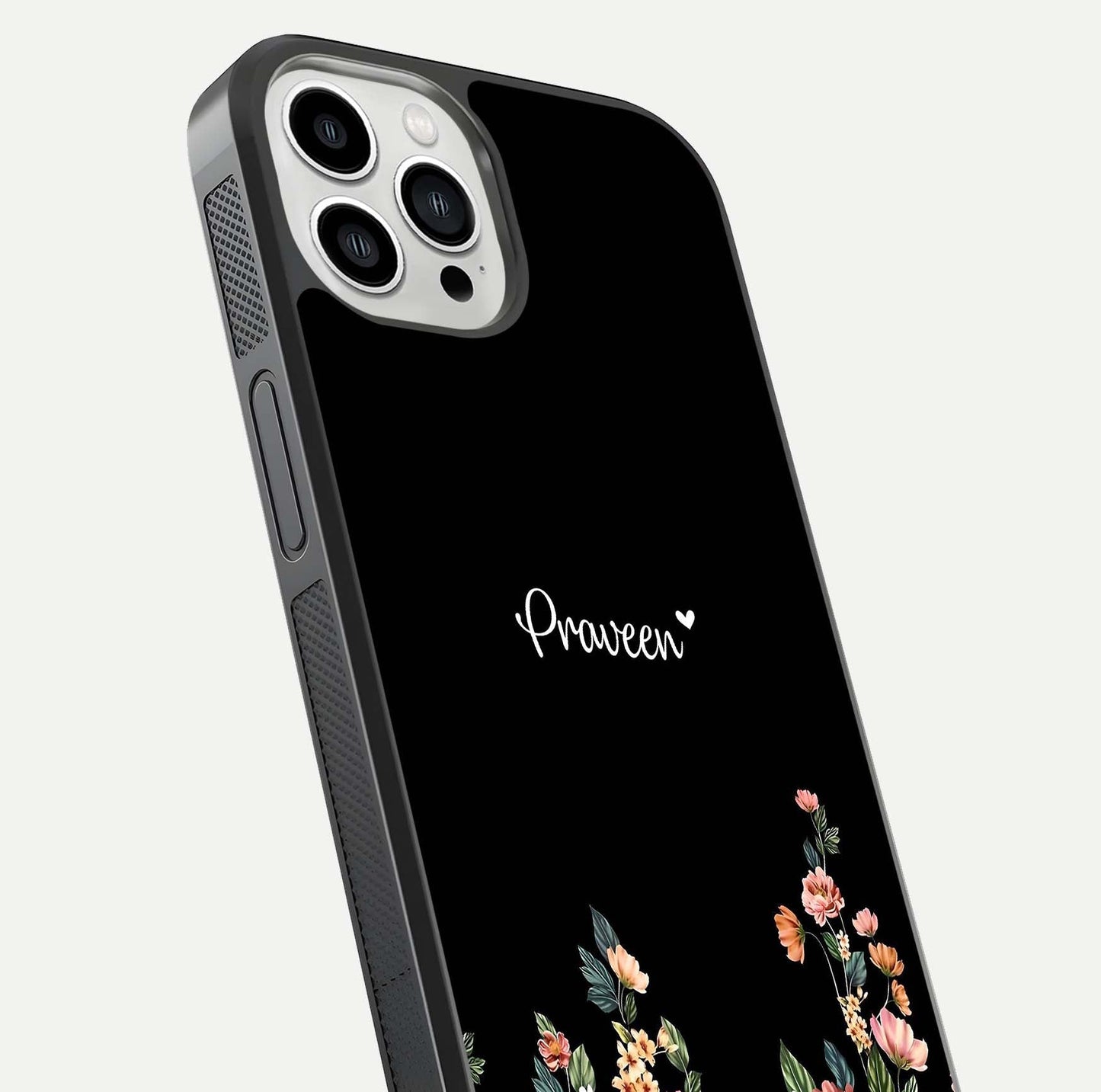 Floral Design Personalized Custom Name Glass Case for iPhone 13 Pro Max close-up highlighting name clarity, petals, and gloss