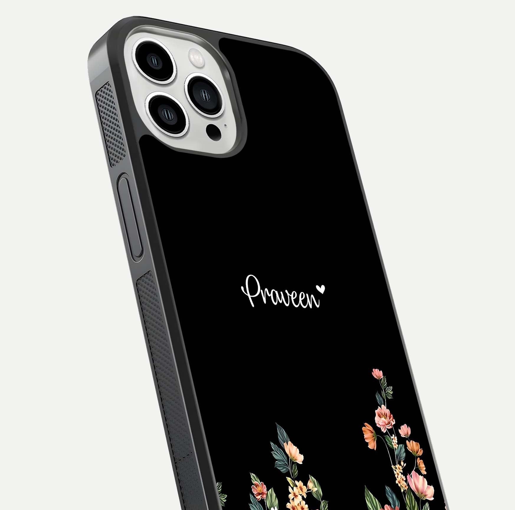 Floral Design Personalized Custom Name Glass Case for iPhone 13 Pro Max close-up highlighting name clarity, petals, and gloss