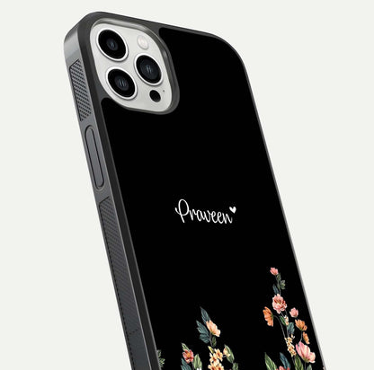 Floral Design Personalized Custom Name Glass Case for iPhone 13 Pro Max close-up highlighting name clarity, petals, and gloss