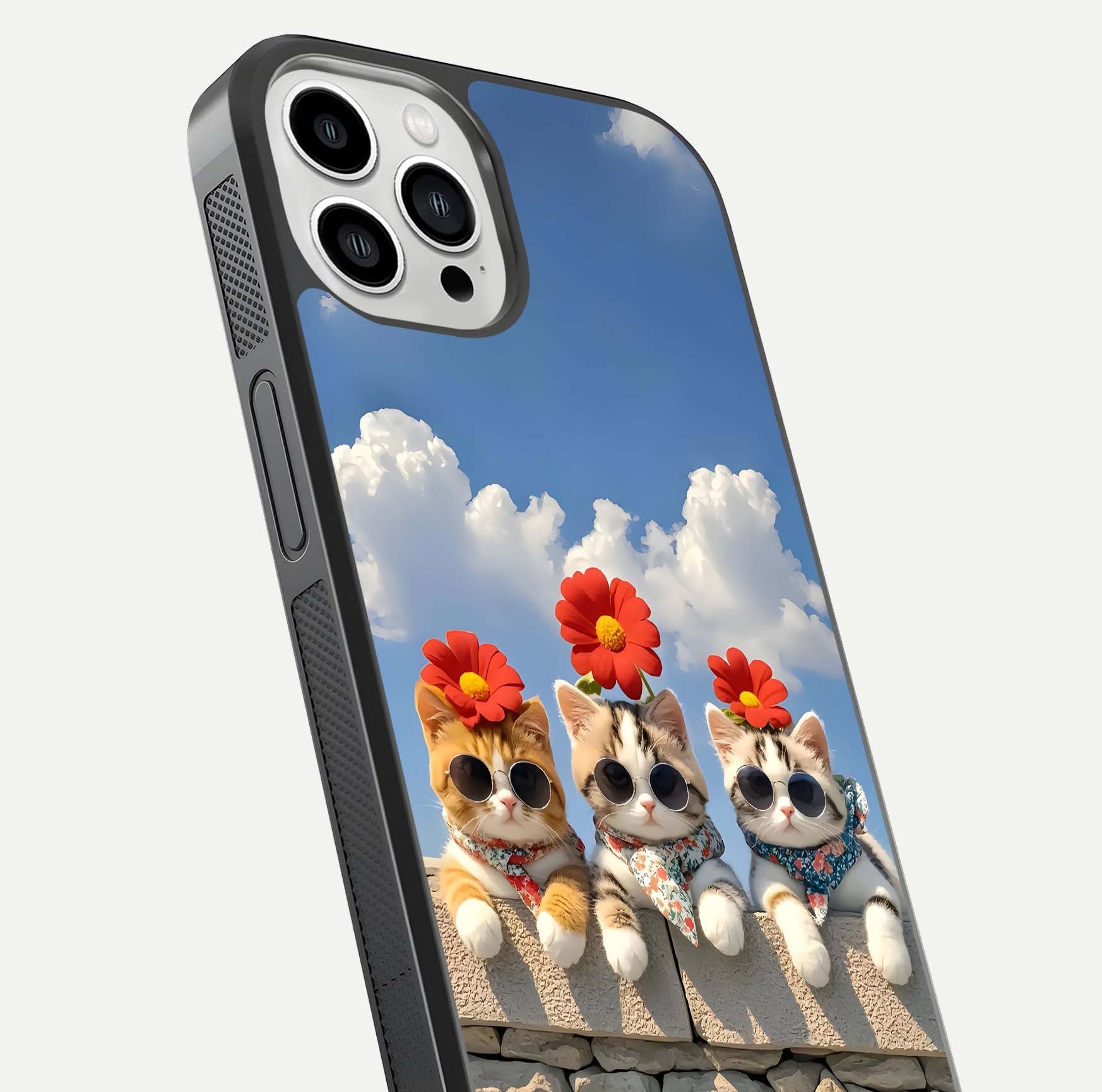 Floral Kitty Squad Glass Case for iPhone 13 Pro Max close-up highlighting cat detail and flower patterns with HD shine