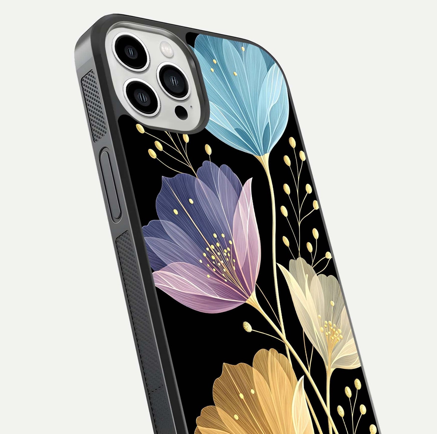 Flower Bloom Glow Glass Case for iPhone 13 Pro Max close-up highlighting bloom detail and reflection polish