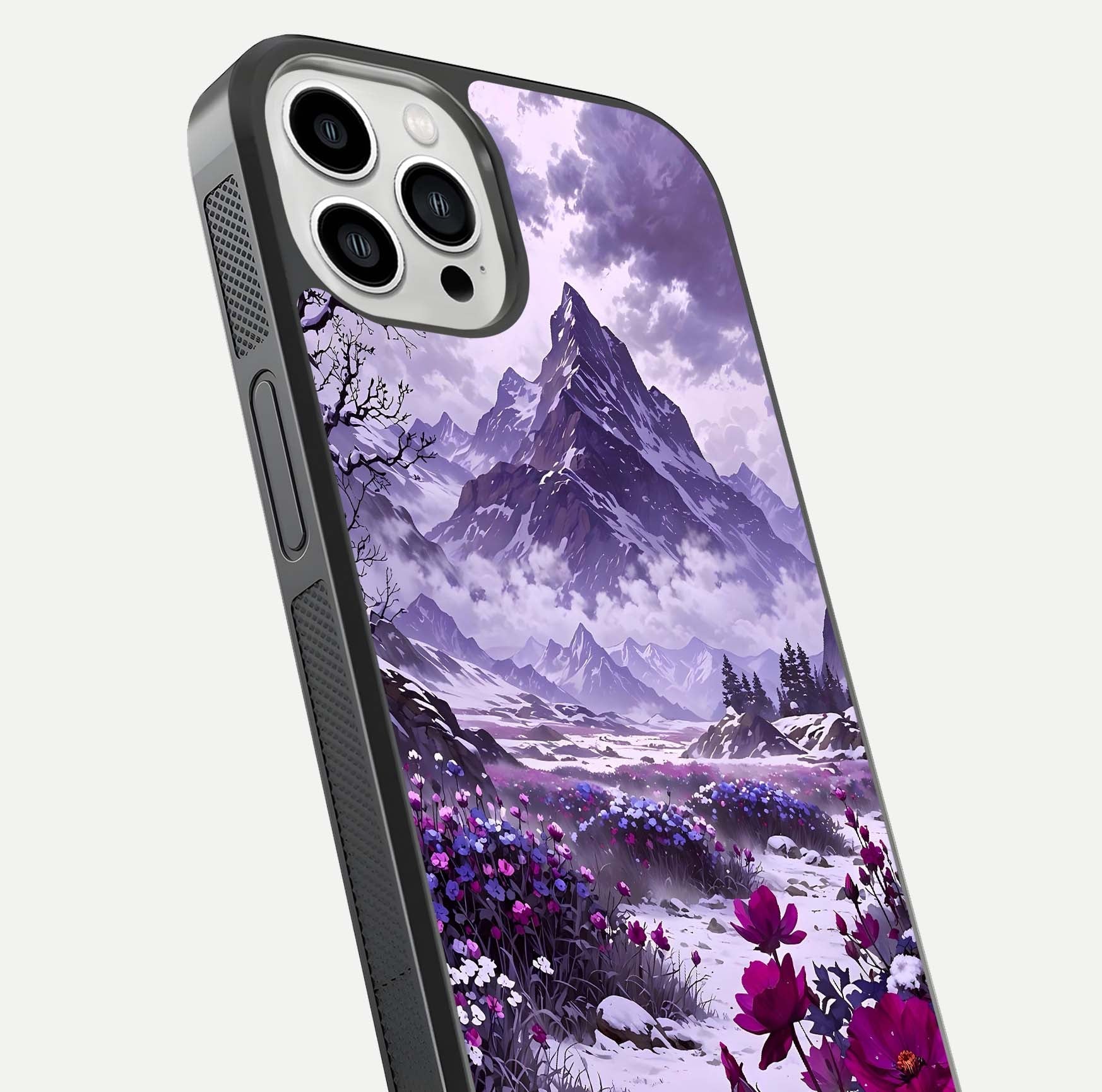Flower Mountain View Glass Case for iPhone 13 Pro Max close-up highlighting petal details and sky reflection