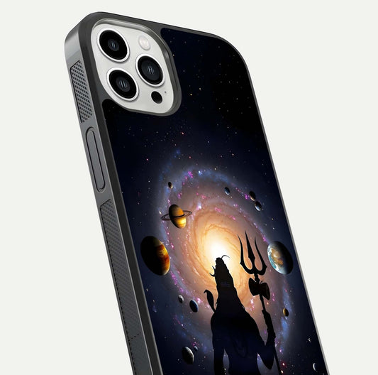 Galactic Shiva Vision Glass Case for iPhone 13 Pro Max close-up angled shot highlighting divine aura, trident details, and reflection shine