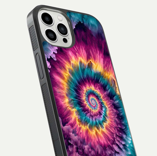 Galactic Spiral Burst Glass Case for iPhone 13 Pro Max close-up angled shot showing spiral burst detail, neon tones, and glossy reflection