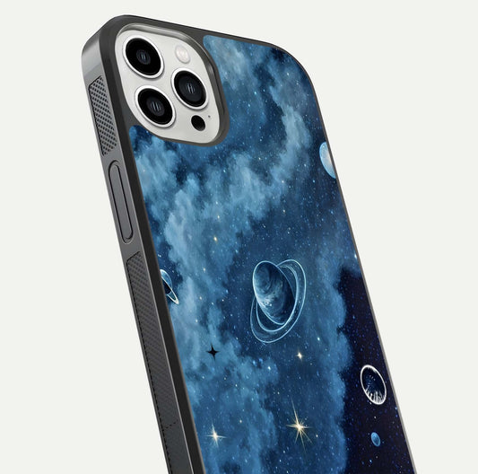 Galaxy Dream Space Glass Case for iPhone 13 Pro Max close-up angled shot highlighting nebula details and reflection shine