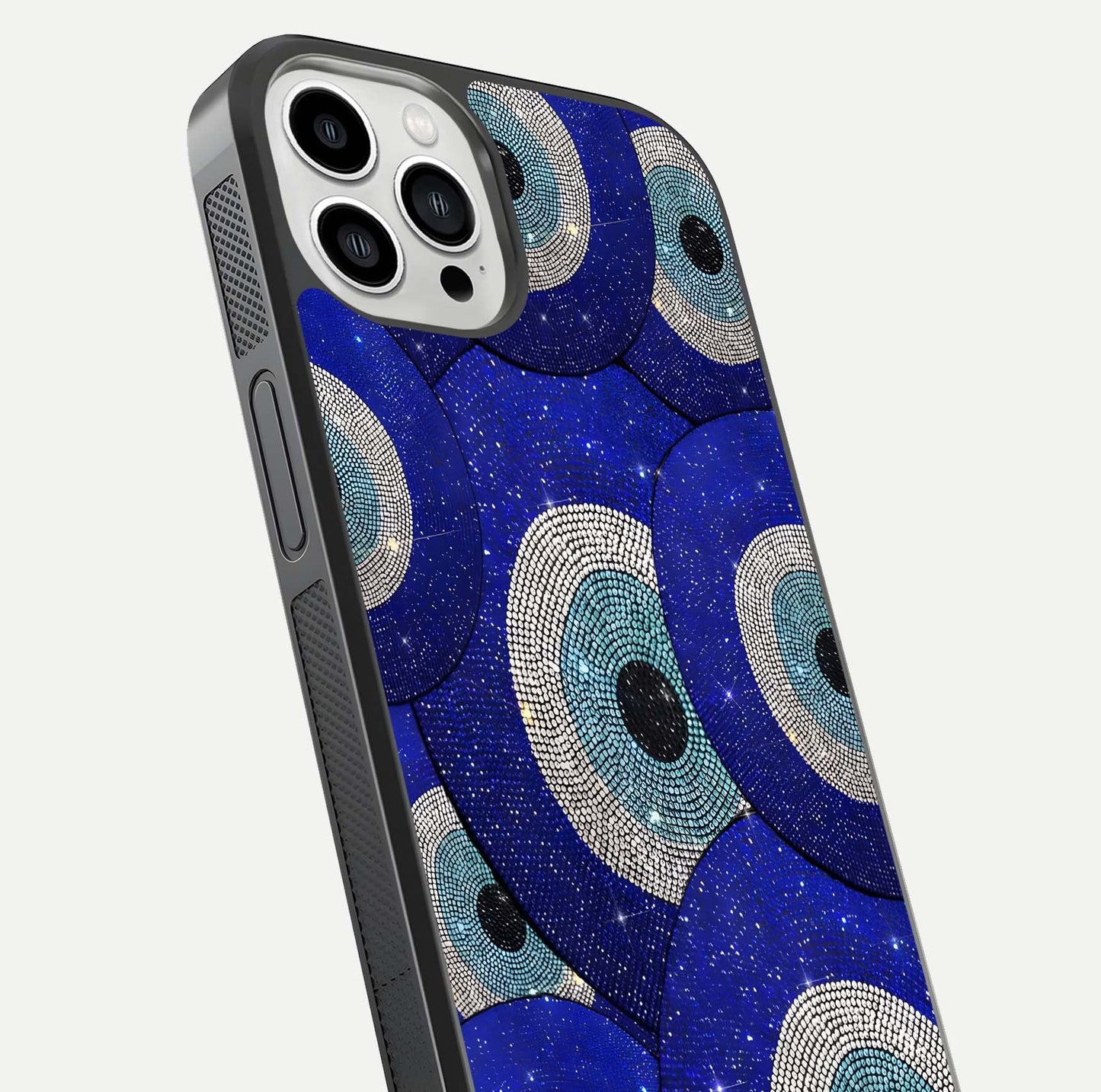 Galaxy Eye Flow Glass Case for iPhone 13 Pro Max close-up angled shot showing vivid swirl detail and reflection brightness