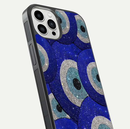 Galaxy Eye Flow Glass Case for iPhone 13 Pro Max close-up angled shot showing vivid swirl detail and reflection brightness