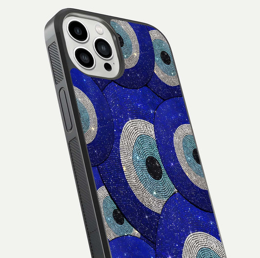 Galaxy Eye Flow Glass Case for iPhone 13 Pro Max close-up angled shot showing vivid swirl detail and reflection brightness