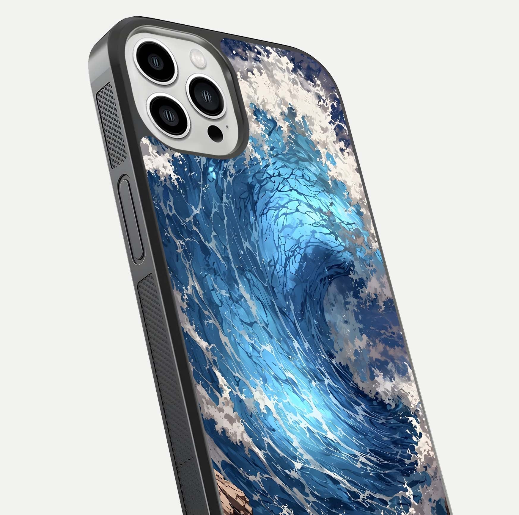 Giant Ocean Wave Glass Case for iPhone 13 Pro Max close-up angled shot showing wave texture and water reflection shine