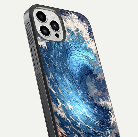 Giant Ocean Wave Glass Case for iPhone 13 Pro Max close-up angled shot showing wave texture and water reflection shine