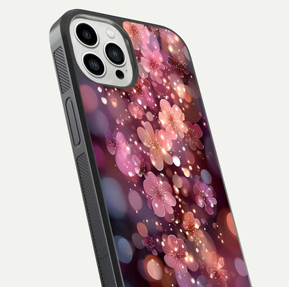 Glowing Petal Bliss Glass Case for iPhone 13 Pro Max close-up angled shot showing petal glow, color depth, and reflection shine