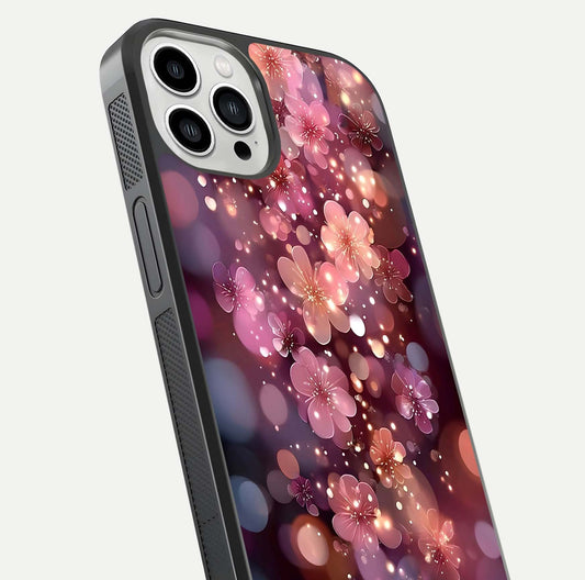 Glowing Petal Bliss Glass Case for iPhone 13 Pro Max close-up angled shot showing petal glow, color depth, and reflection shine