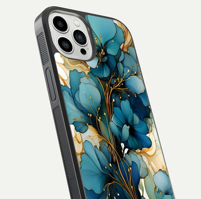 Golden Bloom Symphony Glass Case for iPhone 13 Pro Max close-up angled shot showing detailed petals and metallic gold reflection