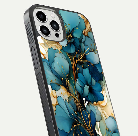 Golden Bloom Symphony Glass Case for iPhone 13 Pro Max close-up angled shot showing detailed petals and metallic gold reflection