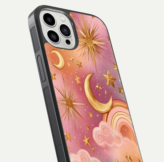 Golden Celestial Dreams Glass Case for iPhone 13 Pro Max close-up angled shot showing cosmic gold tones and reflection shine