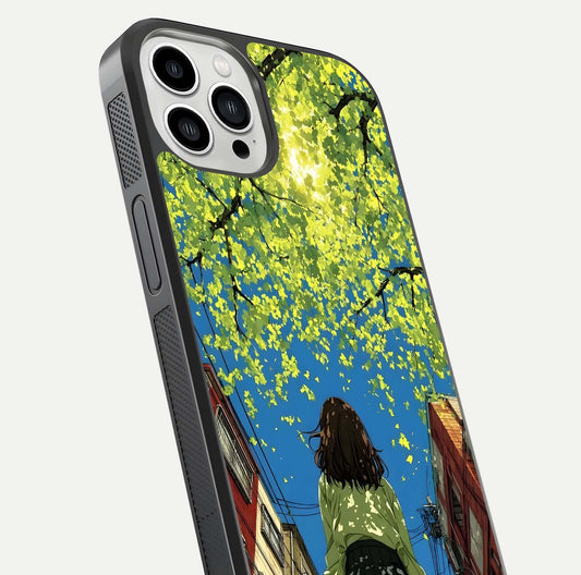 Golden Leaves Glow Glass Case for iPhone 13 Pro Max close-up angled shot showing fine leaf texture and reflection shine