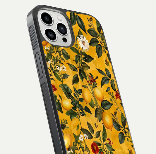 Golden Lemon Field Glass Case for iPhone 13 Pro Max close-up angled shot showing citrus texture and reflection brilliance