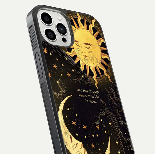 Golden Lunar Love Glass Case for iPhone 13 Pro Max close-up angled shot showing moon glow, texture, and reflection polish