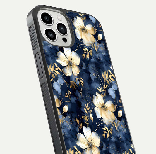 Golden Midnight Bloom Glass Case for iPhone 13 Pro Max close-up angled shot showing floral detail and reflection shine