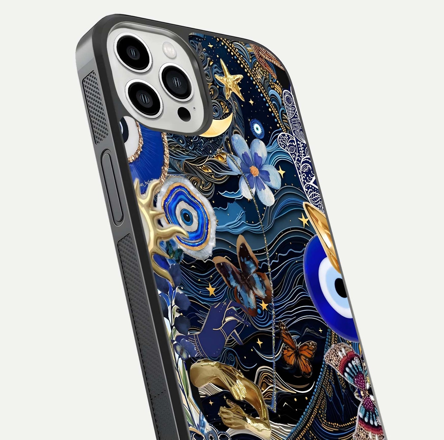 Golden Moon Magic Glass Case for iPhone 13 Pro Max close-up angled shot showing lunar glow, star detail, and reflection brightness