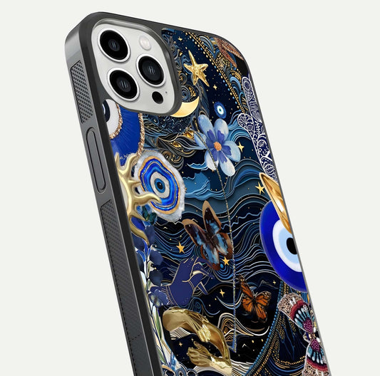 Golden Moon Magic Glass Case for iPhone 13 Pro Max close-up angled shot showing lunar glow, star detail, and reflection brightness