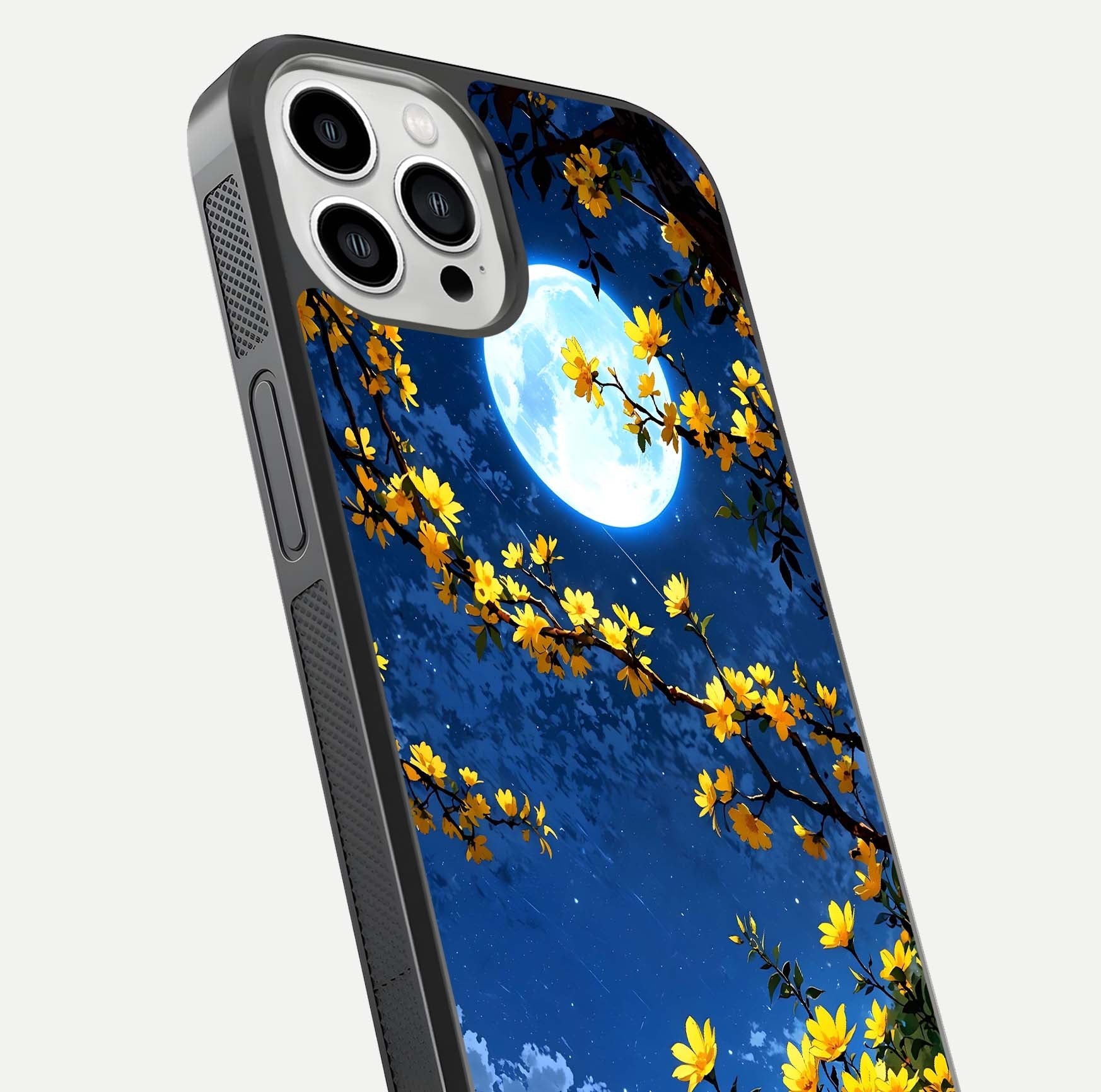 Golden Night Glow Glass Case for iPhone 13 Pro Max close-up angled shot showing shimmer texture and light reflection