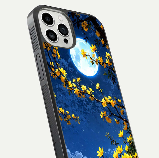 Golden Night Glow Glass Case for iPhone 13 Pro Max close-up angled shot showing shimmer texture and light reflection