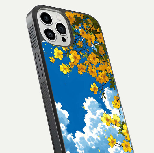 Golden Petal Sky Glass Case for iPhone 13 Pro Max close-up angled shot showing petal texture and shine reflection