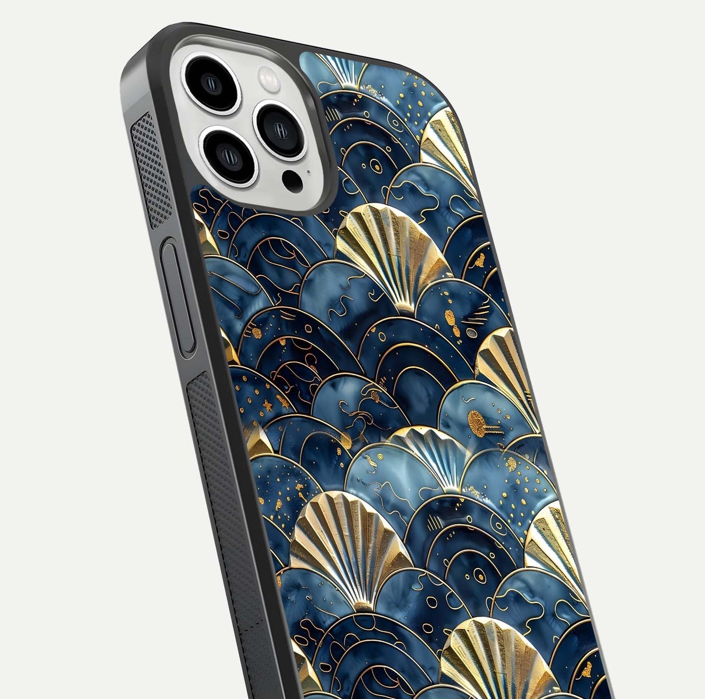 Golden Wave Luxe Glass Case for iPhone 13 Pro Max close-up angled shot showing flowing wave texture and reflection brightness