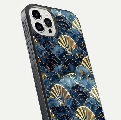 Golden Wave Luxe Glass Case for iPhone 13 Pro Max close-up angled shot showing flowing wave texture and reflection brightness