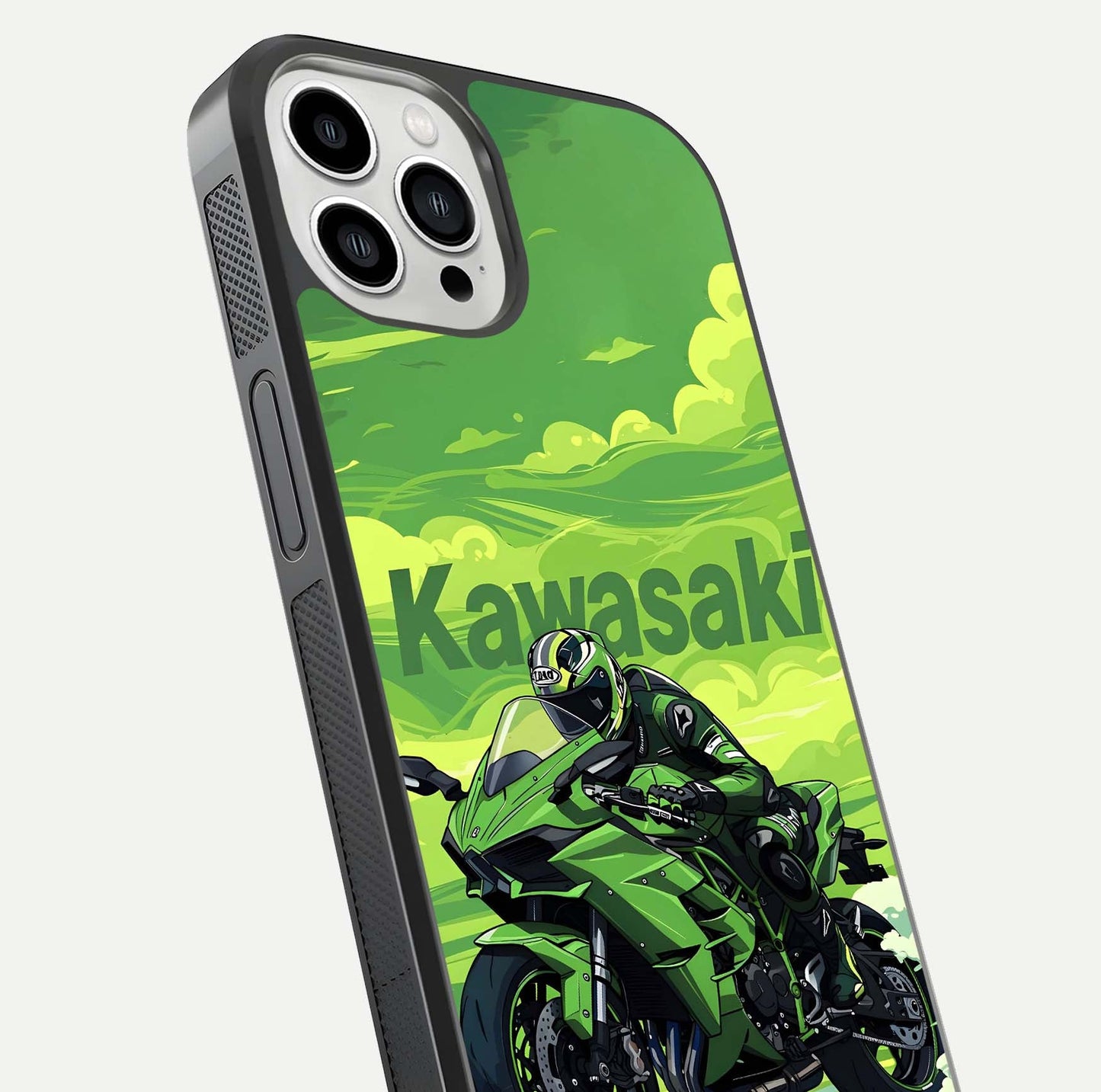 Green Kawasaki Glass Case for iPhone 13 Pro Max close-up angled shot showing sporty line details and reflection shine