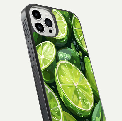 Green Lemon Glass Case for iPhone 13 Pro Max close-up angled shot showing lemon slice texture and reflection brightness