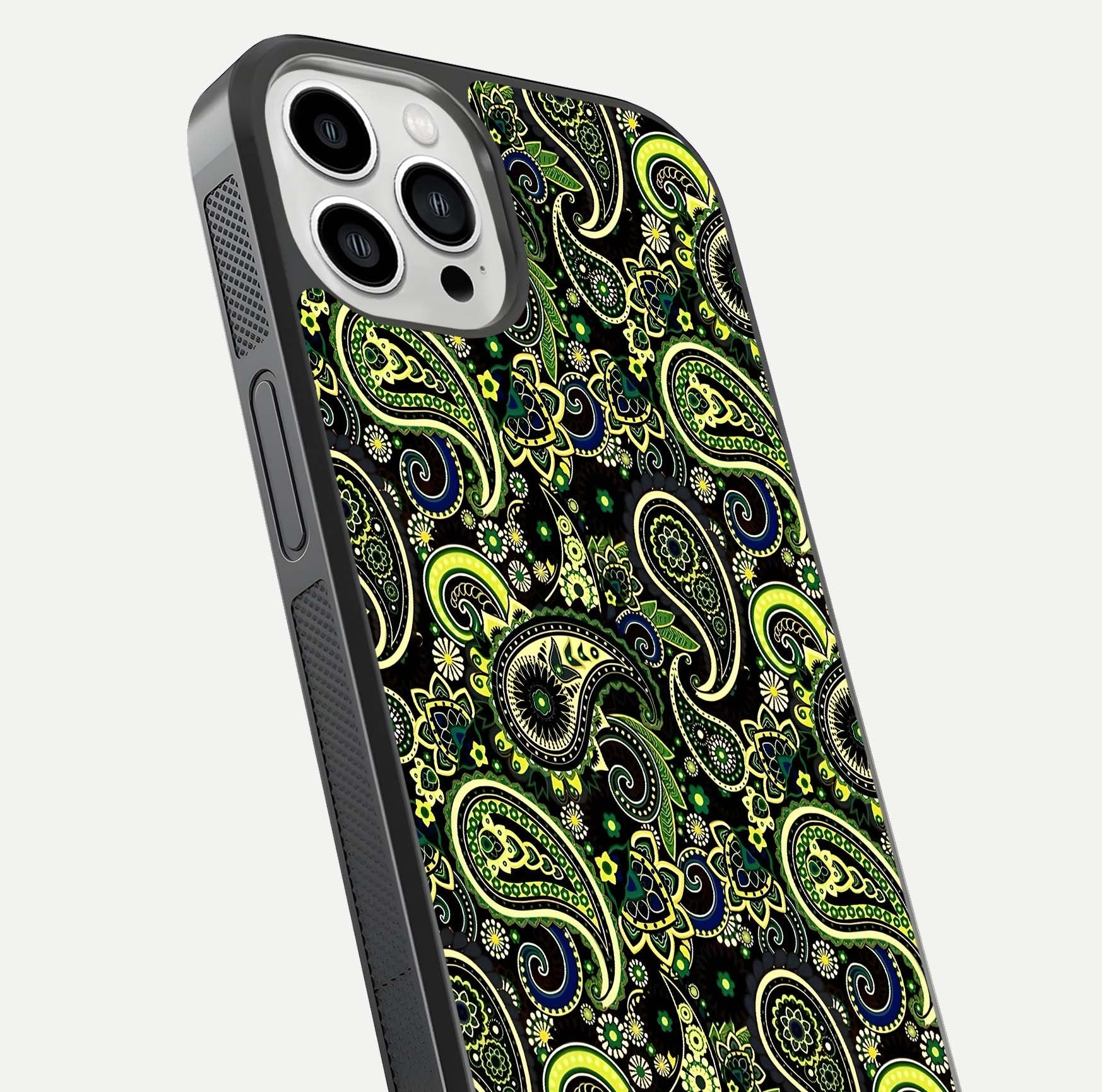 Green Mandala Pattern Glass Case for iPhone 13 Pro Max close-up angled shot showing fine detailing and gold-green reflection