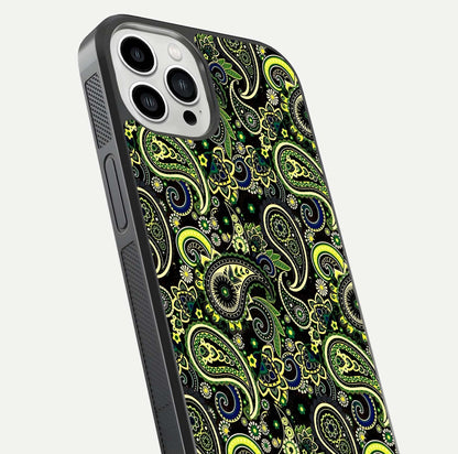 Green Mandala Pattern Glass Case for iPhone 13 Pro Max close-up angled shot showing fine detailing and gold-green reflection