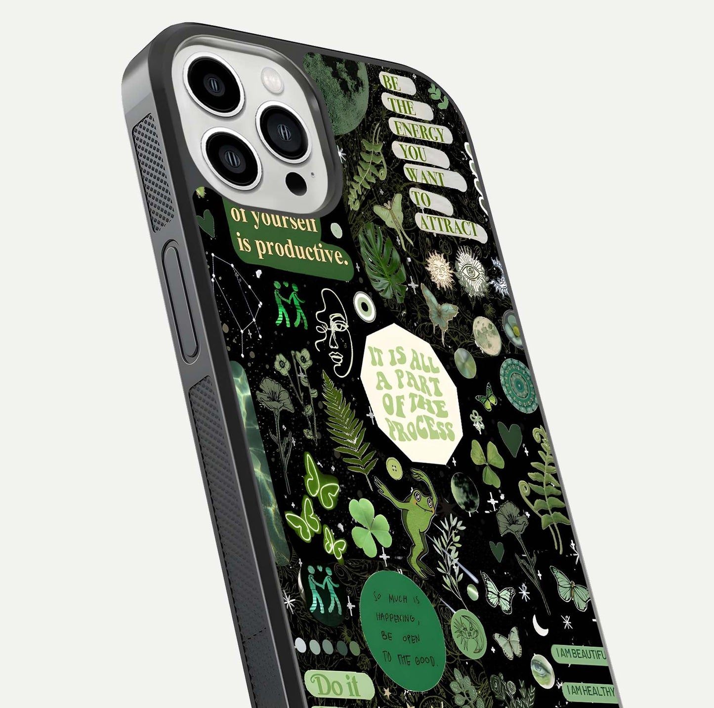 Green Moon Energy Glass Case for iPhone 13 Pro Max close-up angled shot showing glowing lunar detail and reflection shine