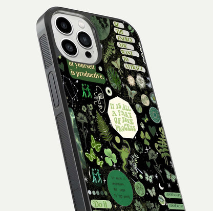Green Moon Energy Glass Case for iPhone 13 Pro Max close-up angled shot showing glowing lunar detail and reflection shine