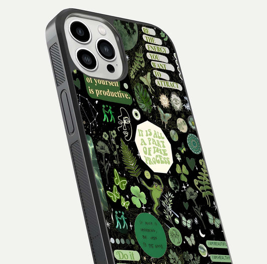 Green Moon Energy Glass Case for iPhone 13 Pro Max close-up angled shot showing glowing lunar detail and reflection shine