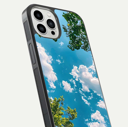 Greenery Sky Glass Case for iPhone 13 Pro Max close-up angled shot showing leafy tones and reflection brightness